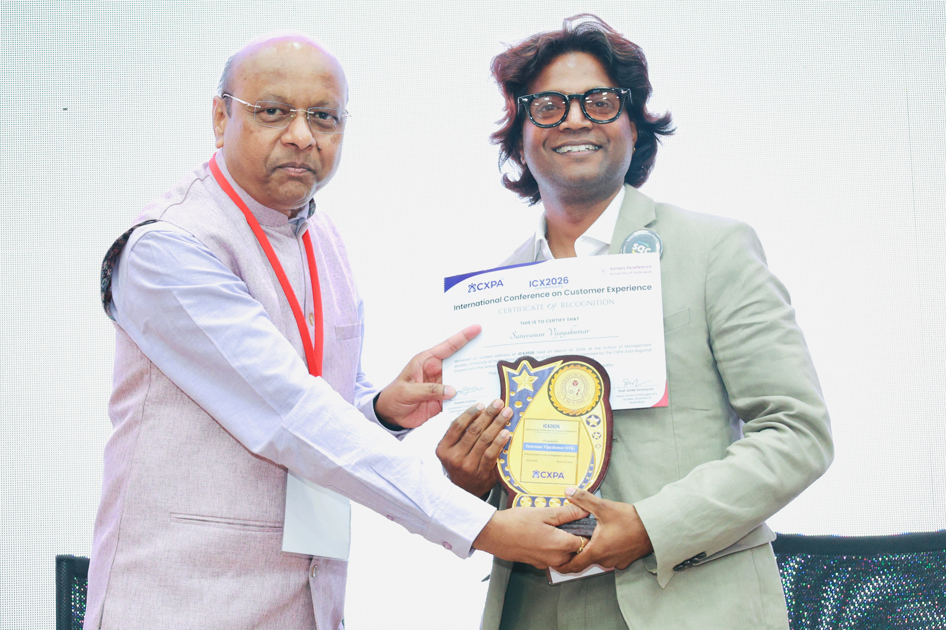 ICX2026 Certificate of Recognition presented to Saravanan Vijayakumar
